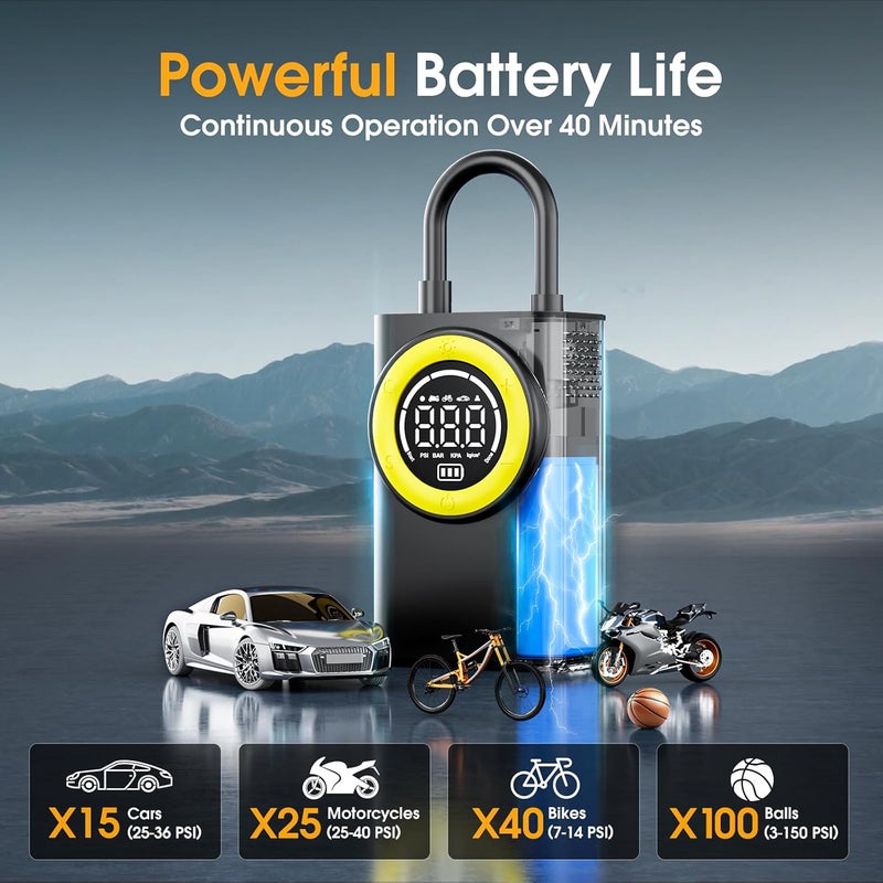 FLYKID Tire Inflator Portable Air Compressor,150 PSI Cordless Air Pump for Car Tires with Digital Pressure Gauge & LED Light,5X Faster Portable Tire Inflator for Car,Motorcycle,Bike,Ball - Image 3